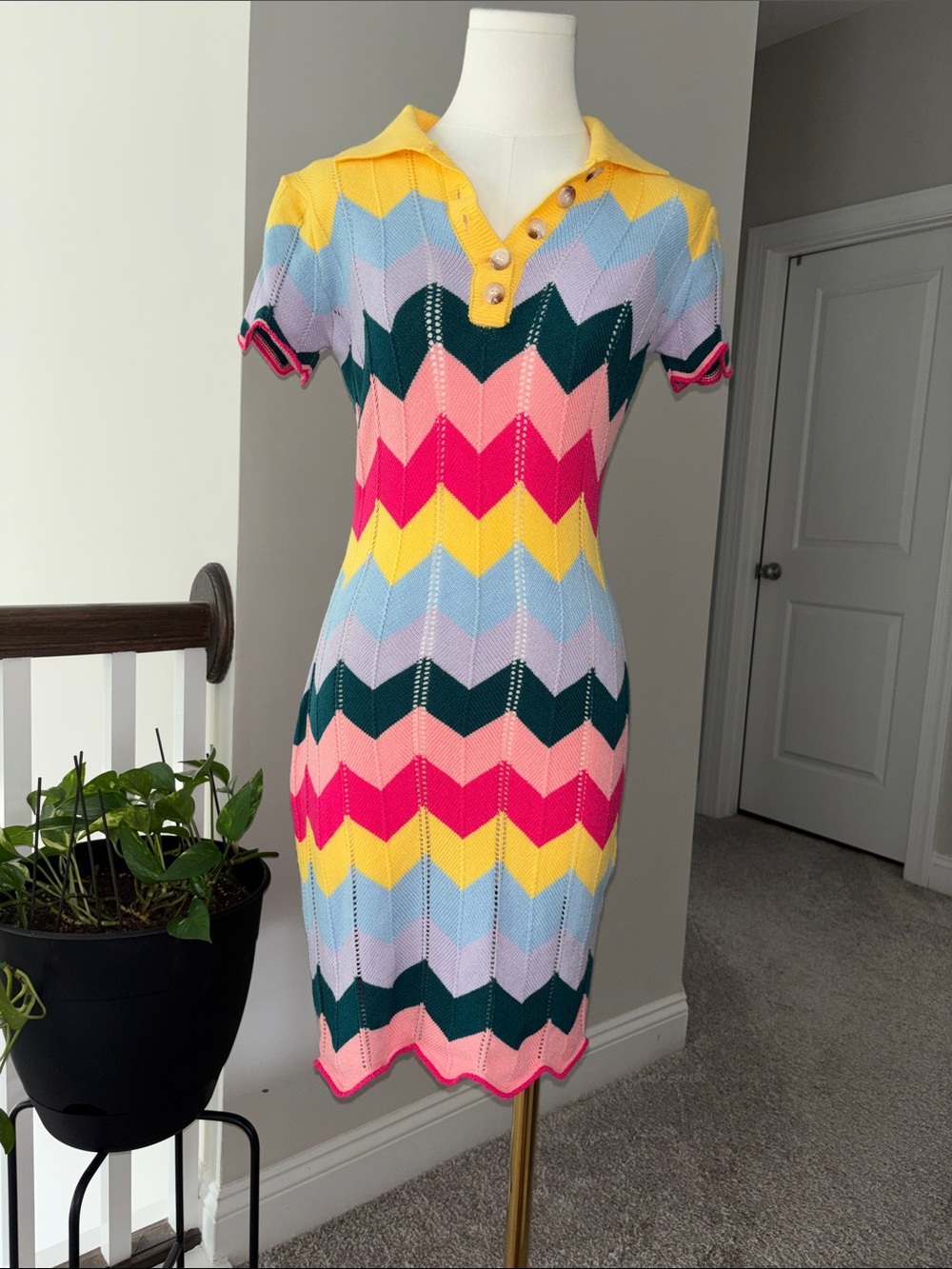 Fashion Nova Chevron Knit Polo Dress - Yellow, Pink, Blue & Green